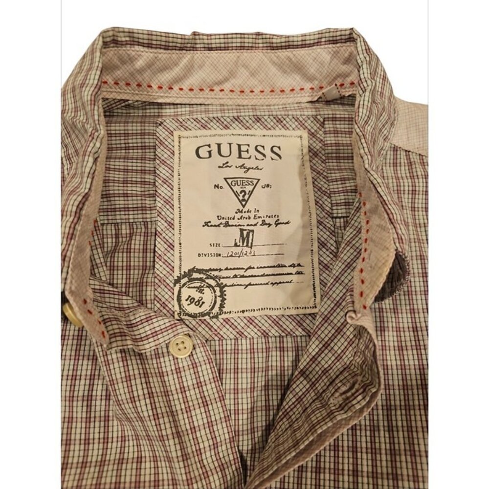 Guess Beige & Red Plaid Mens Button-Up Shirt Medium 100% Cotton Long Sleeve Clas - Picture 3 of 6